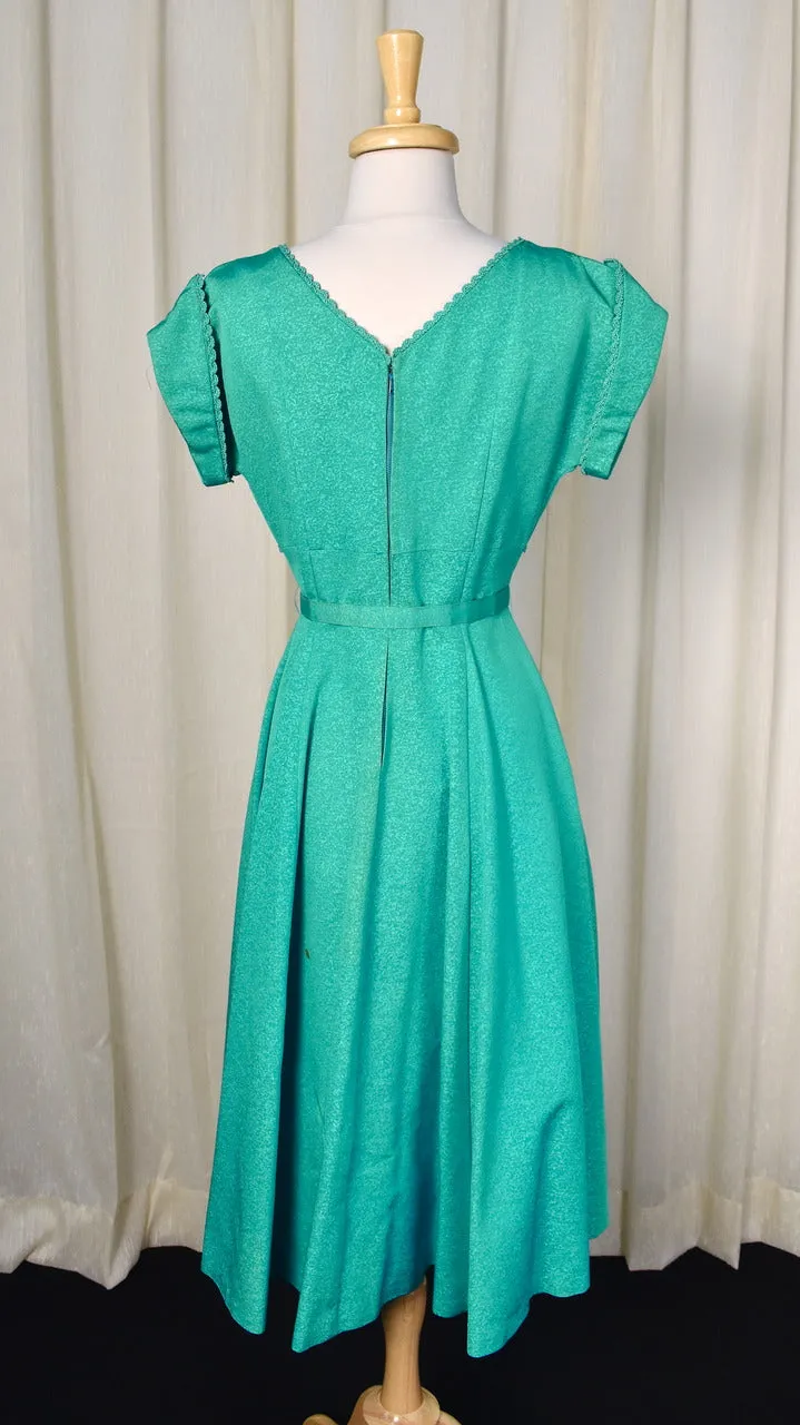 1950s Vintage Teal Rhinestone Swing Dress