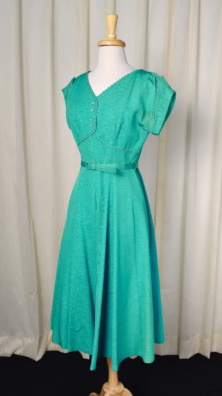 1950s Vintage Teal Rhinestone Swing Dress