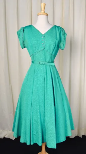 1950s Vintage Teal Rhinestone Swing Dress