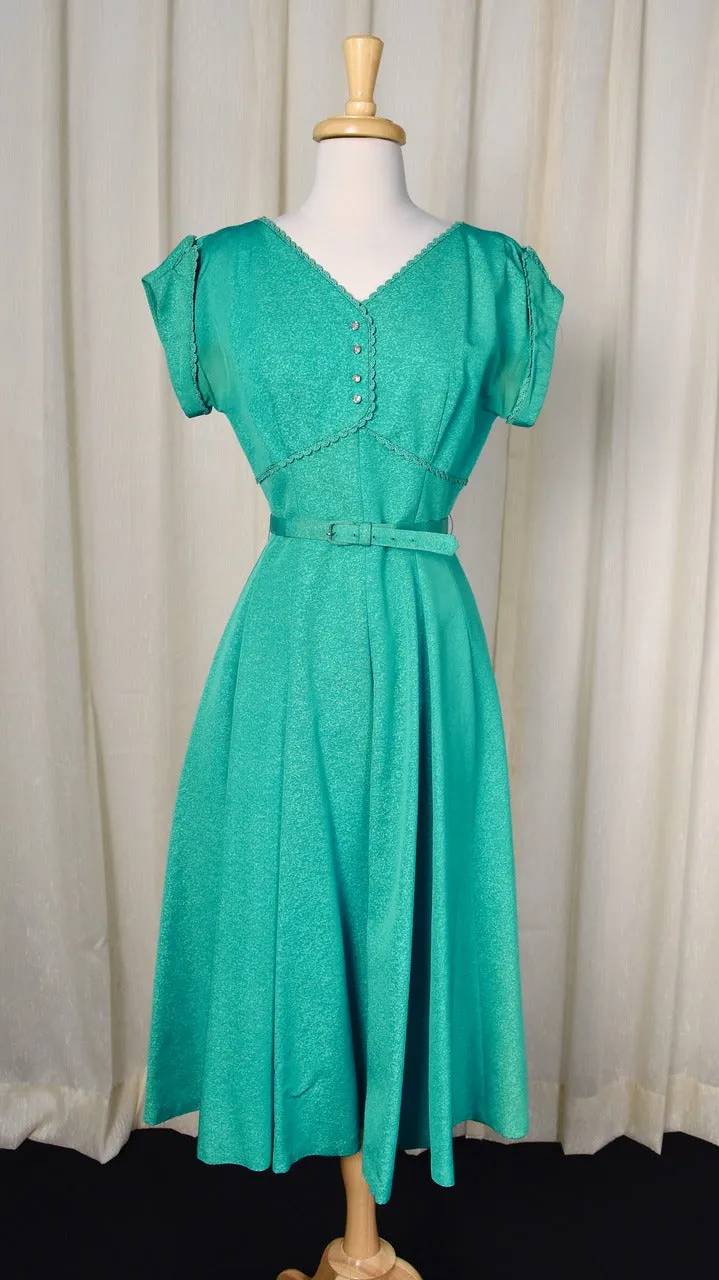 1950s Vintage Teal Rhinestone Swing Dress
