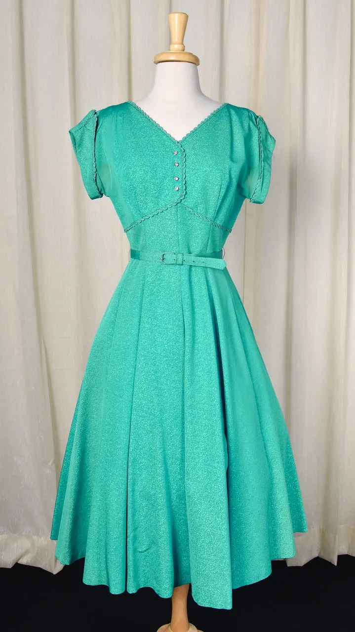 1950s Vintage Teal Rhinestone Swing Dress