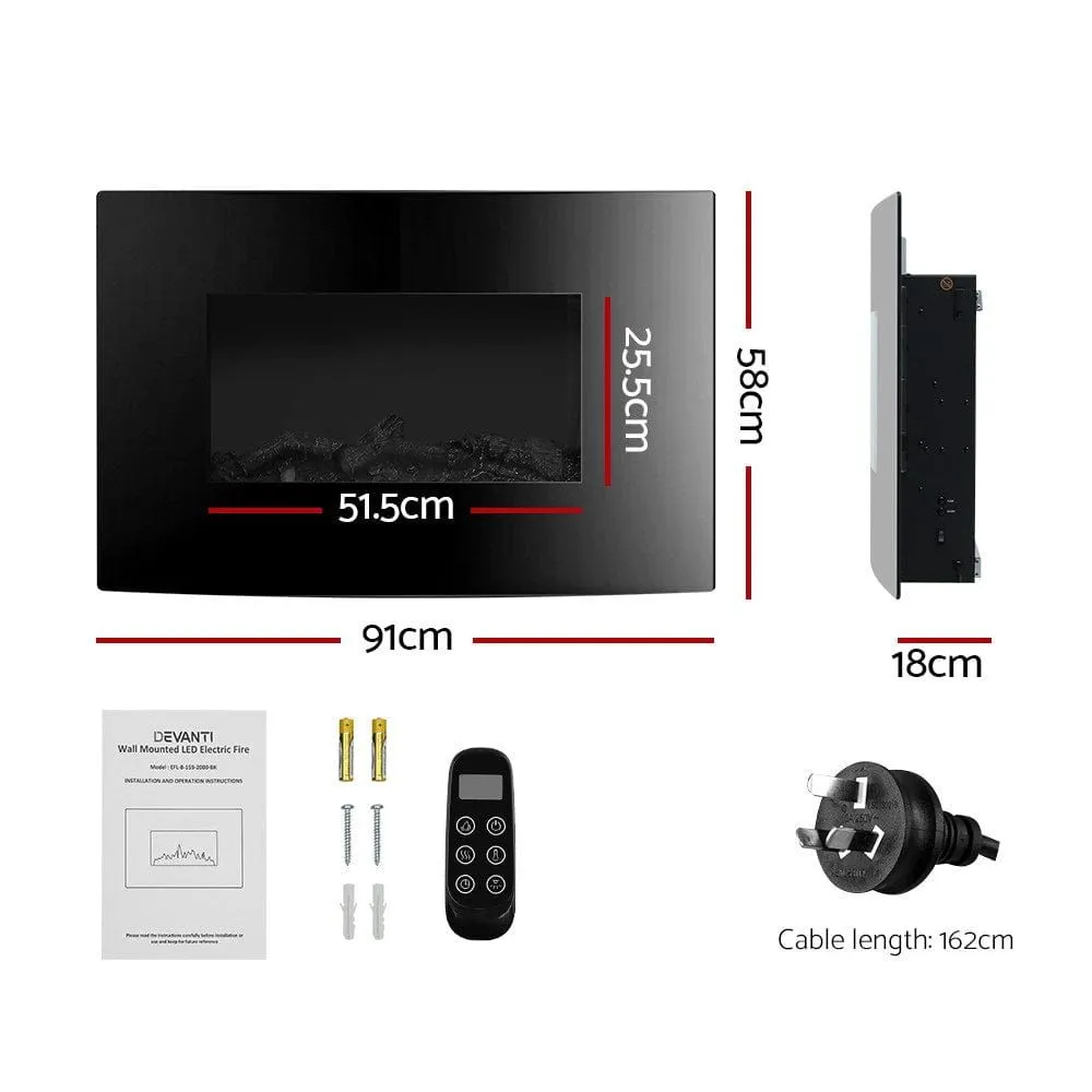 2000W Wall Mounted Electric Fireplace Fire Log Wood Heater Realistic Flame