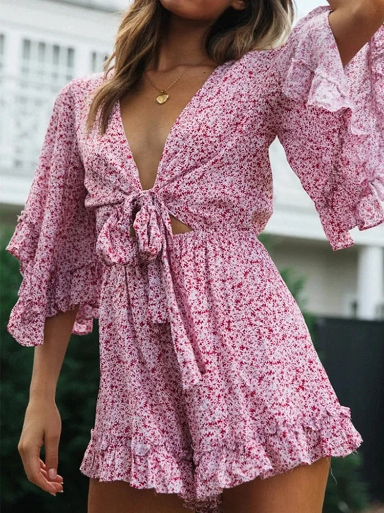 Amozae  Bell Sleeve Floral Boho Playsuit Romper Spring Summer Women Beach Playsuit Elegant V Neck Pink Romper Women Fashion  2024