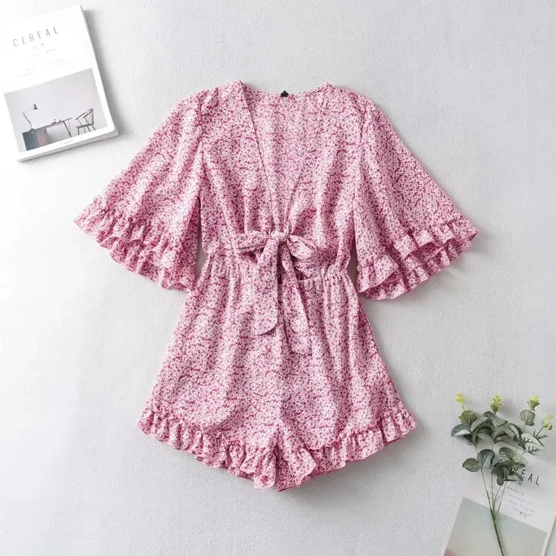 Amozae  Bell Sleeve Floral Boho Playsuit Romper Spring Summer Women Beach Playsuit Elegant V Neck Pink Romper Women Fashion  2024