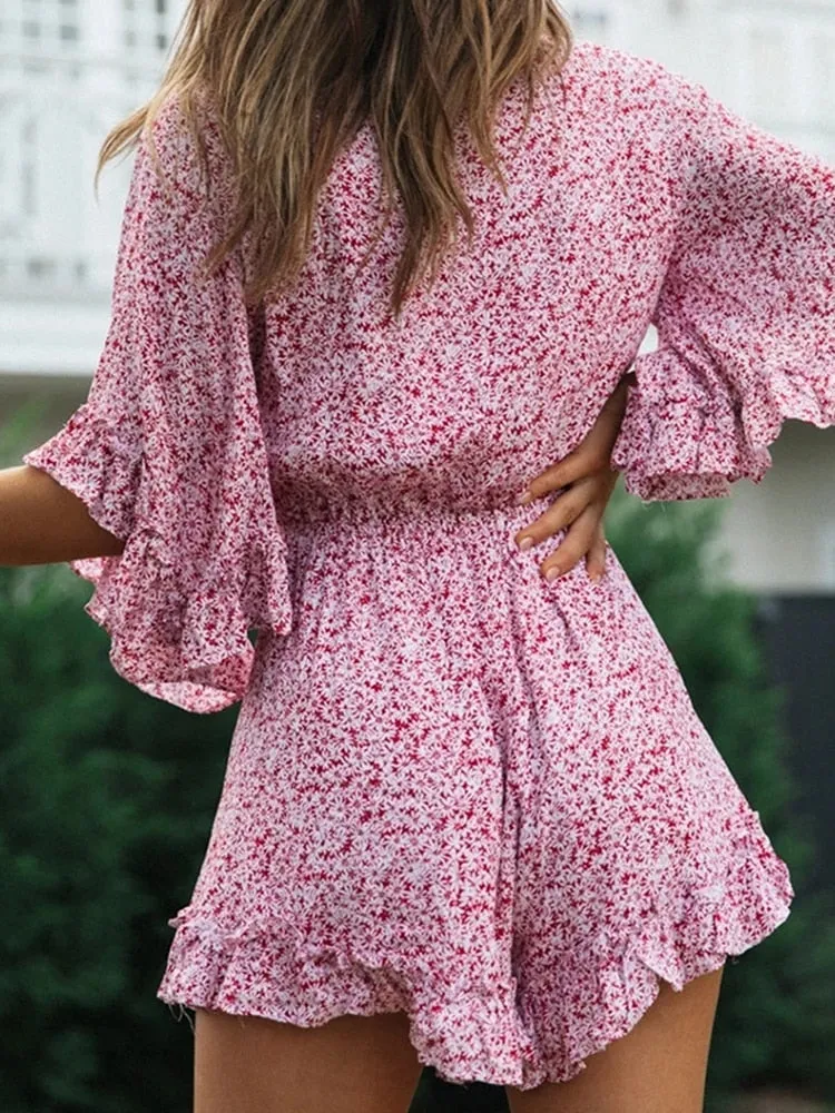 Amozae  Bell Sleeve Floral Boho Playsuit Romper Spring Summer Women Beach Playsuit Elegant V Neck Pink Romper Women Fashion  2024