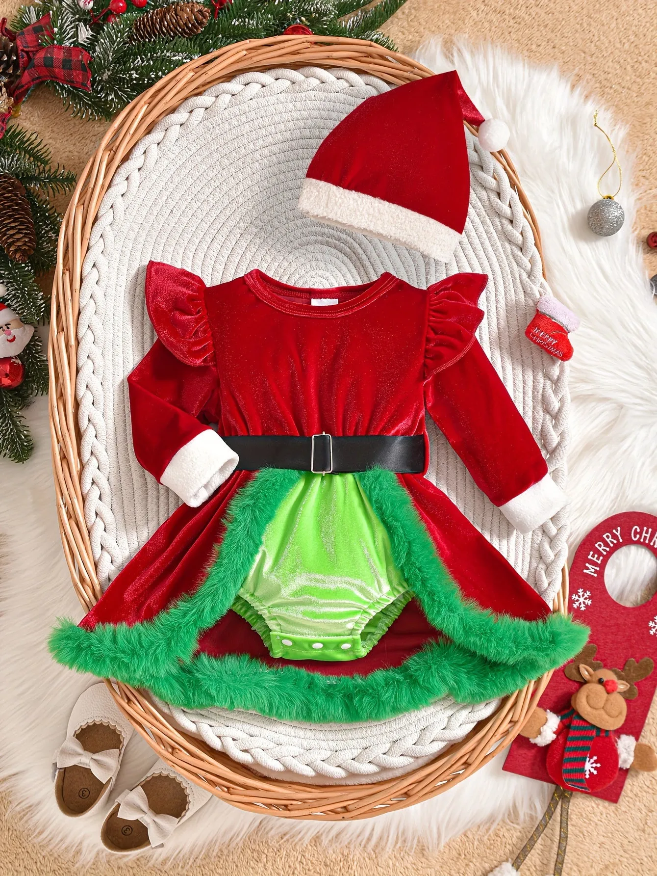 Baby's Christmas Style Elegant Long Sleeve Fuzzy Trim Romper Dress   Hat   Belt, Toddler & Infant Girl's Outdoor Clothing