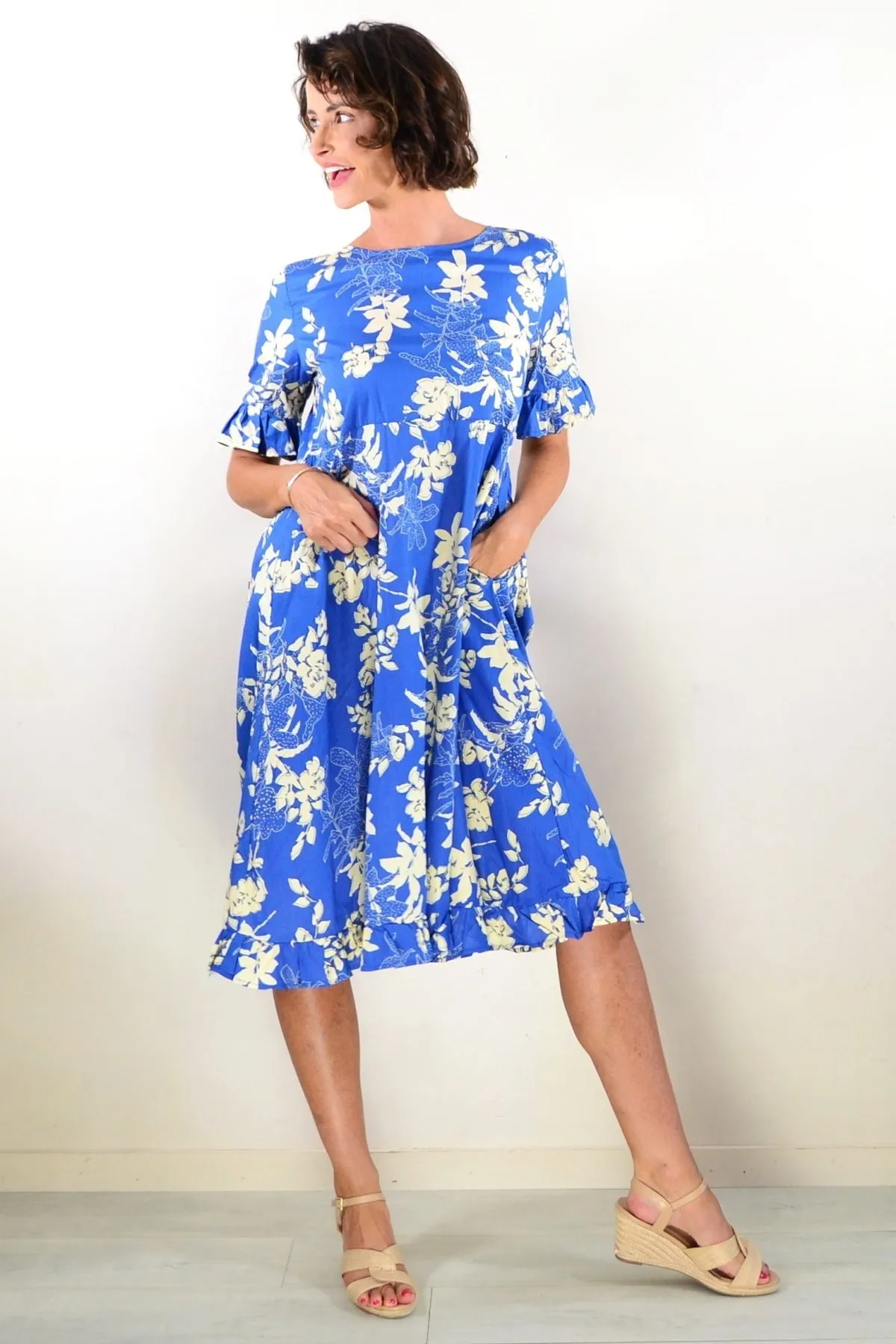 Blue Cream Petals Summer Dress