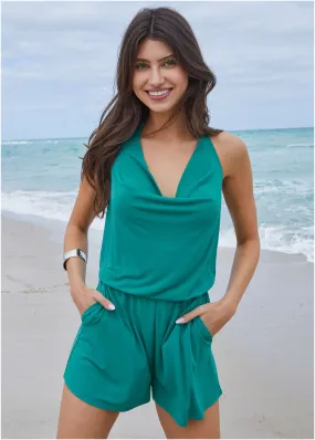 Cowl Neck Cover-Up Romper - Teal
