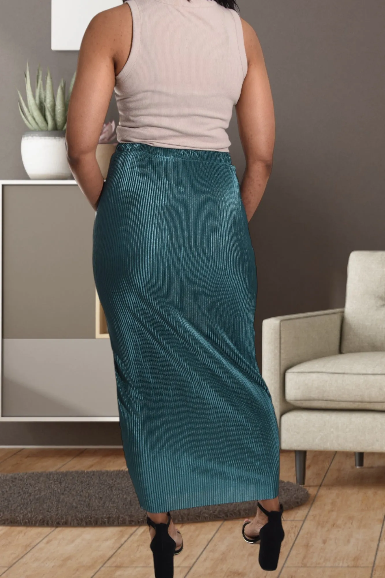 Elastic Waist Teal Pencil Skirt