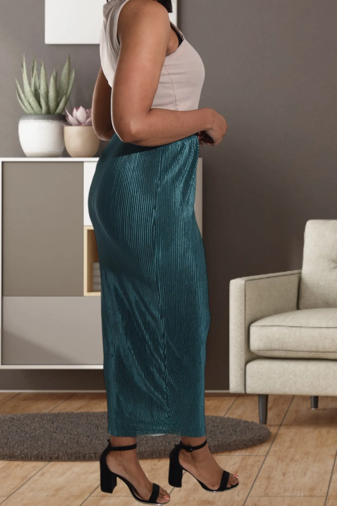 Elastic Waist Teal Pencil Skirt