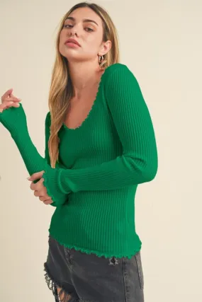 Emerald Glow Ribbed Knit Top