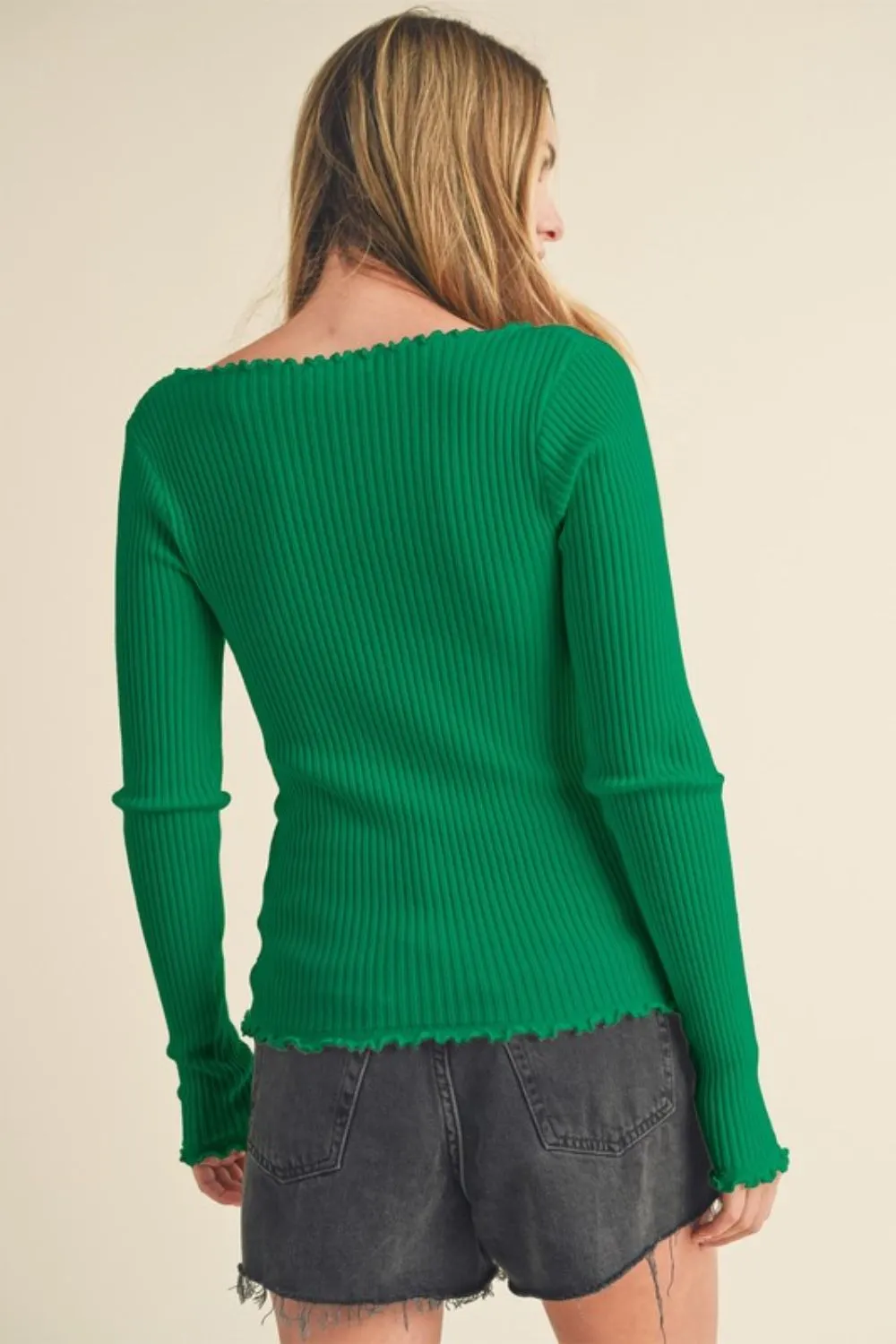 Emerald Glow Ribbed Knit Top