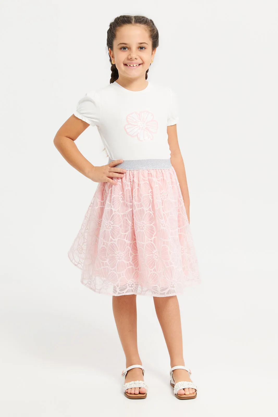 Girls Pink And White Lace Skirt With T-Shirt Set (2 Piece)