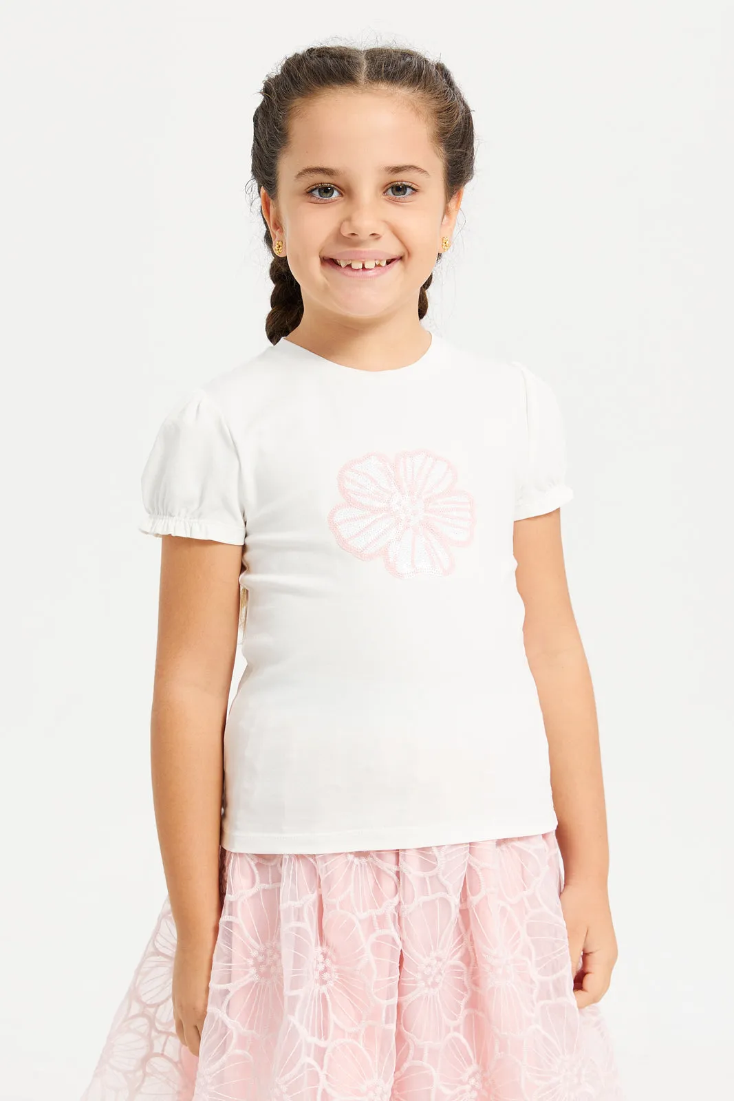 Girls Pink And White Lace Skirt With T-Shirt Set (2 Piece)