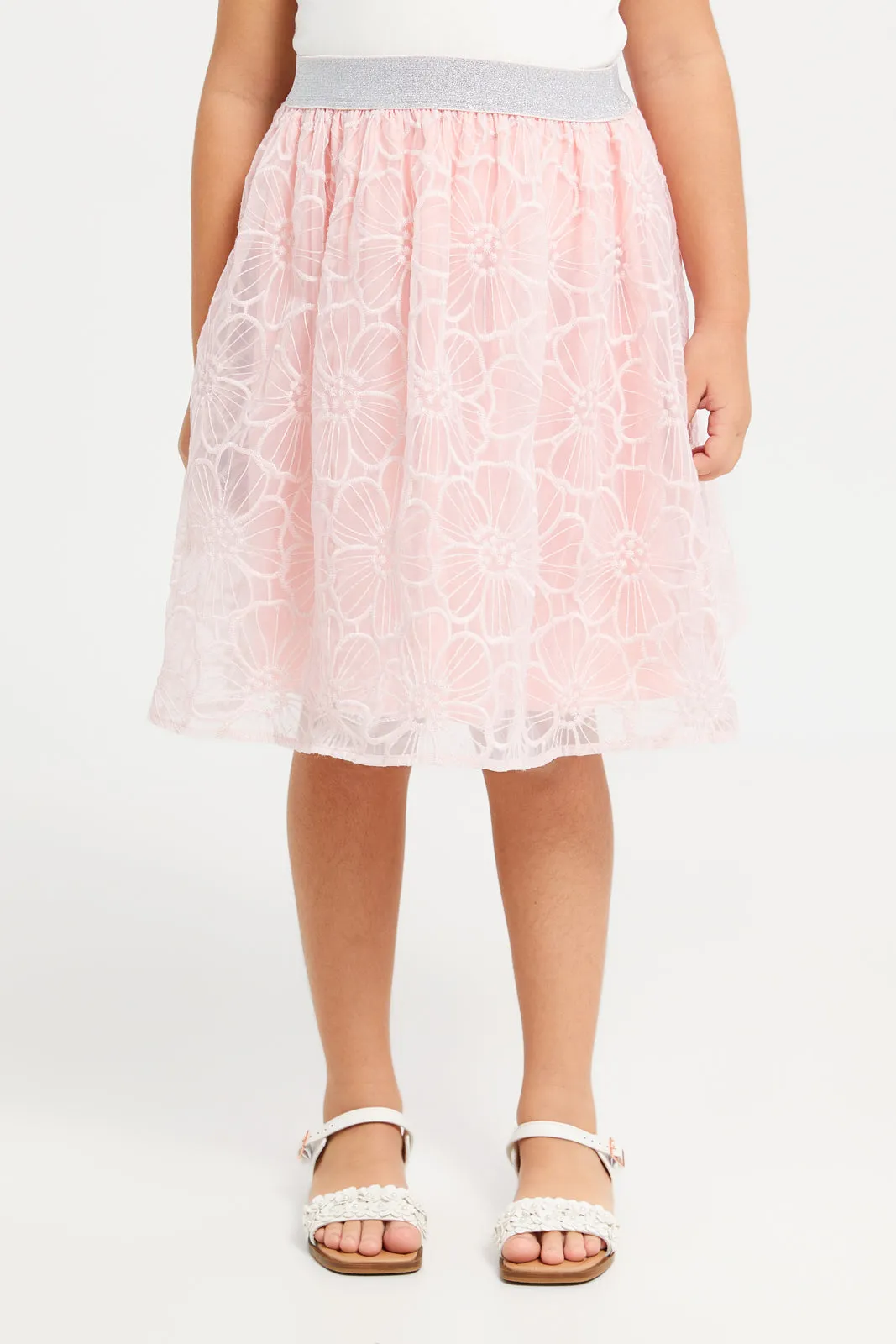 Girls Pink And White Lace Skirt With T-Shirt Set (2 Piece)