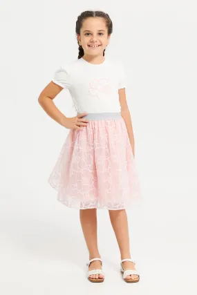 Girls Pink And White Lace Skirt With T-Shirt Set (2 Piece)