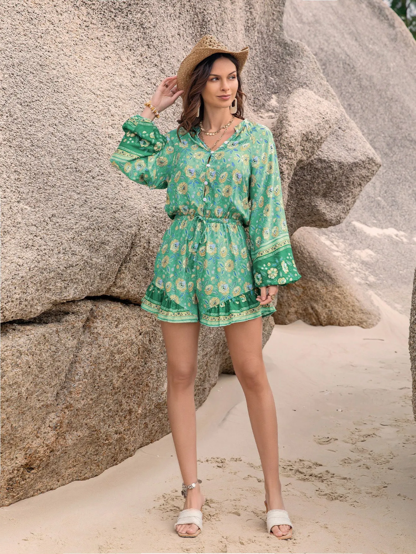 Green Printing Waist Vacation Romper