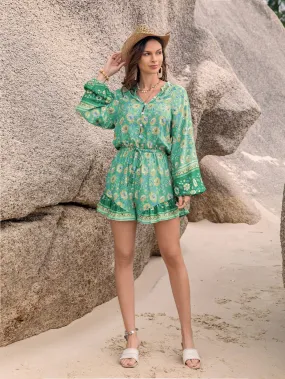 Green Printing Waist Vacation Romper