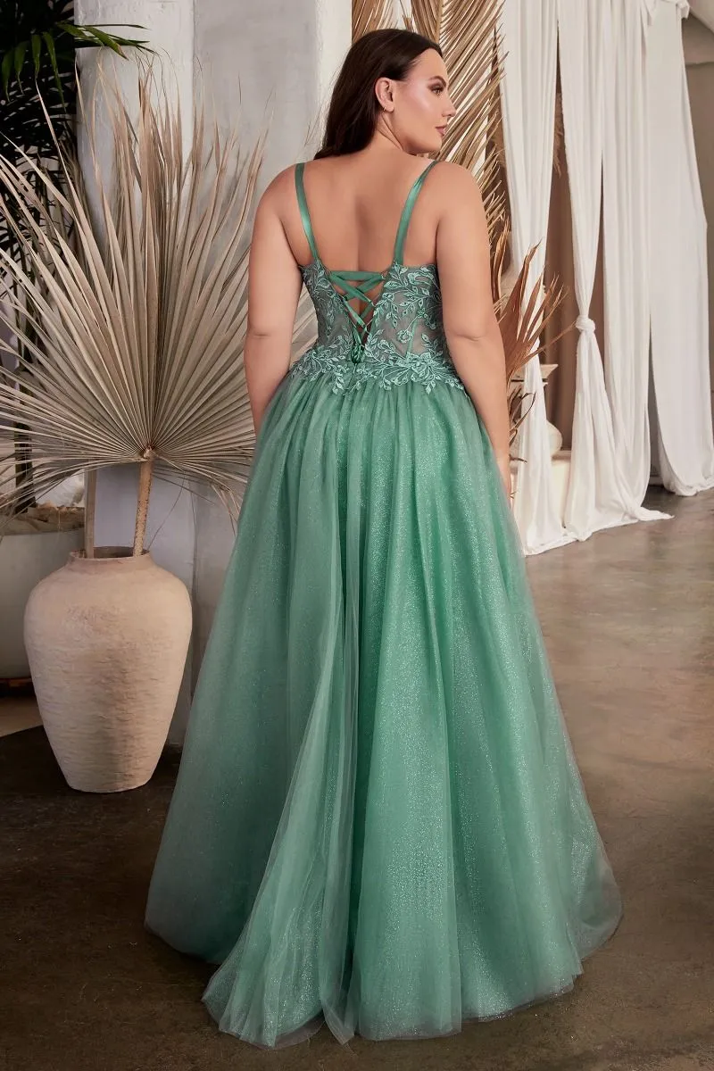 Lace A-Line Tulle Leg Slit Gown by Cinderella Divine C150C - Curves