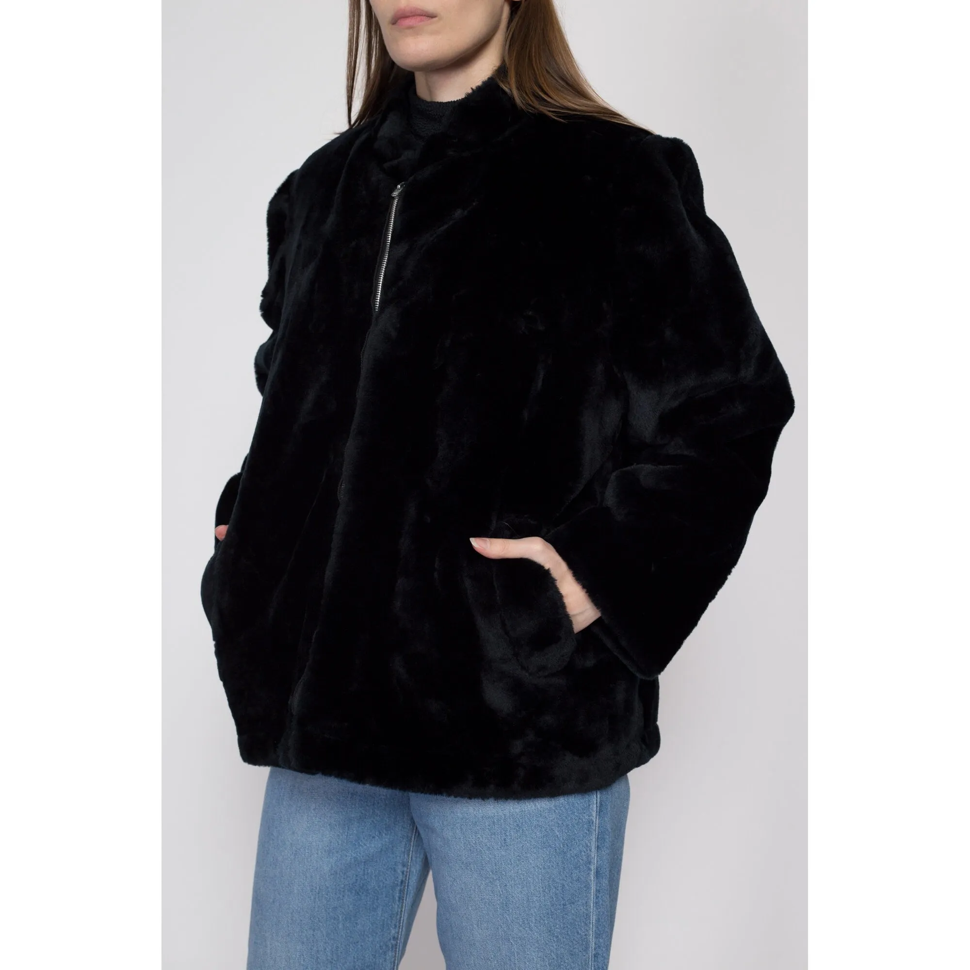 Large 70s 80s Weather Tamer Black Faux Fur Teddy Coat