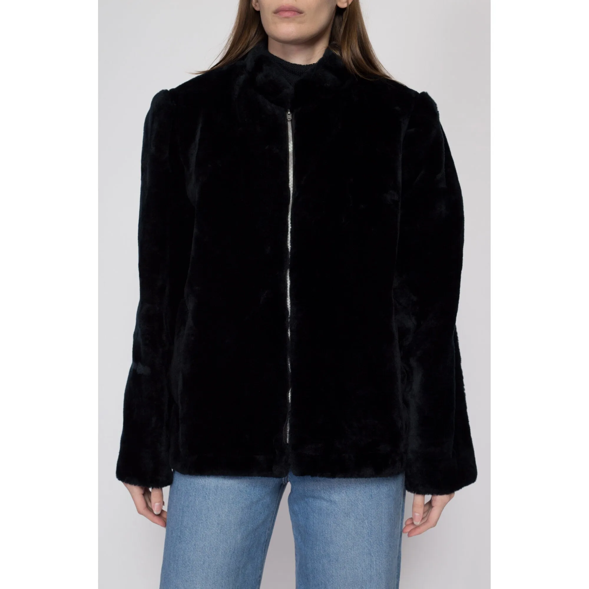 Large 70s 80s Weather Tamer Black Faux Fur Teddy Coat