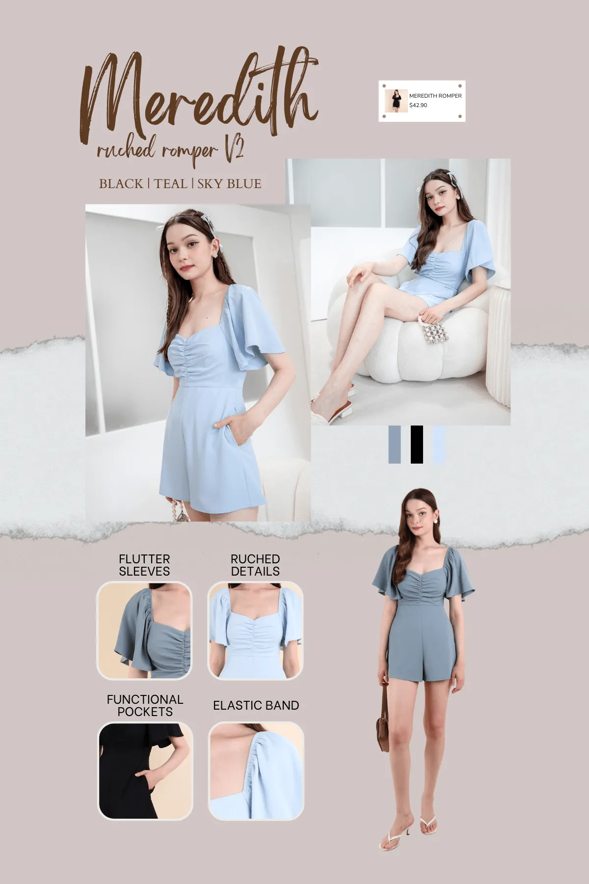 MEREDITH RUCHED ROMPER V2 IN TEAL