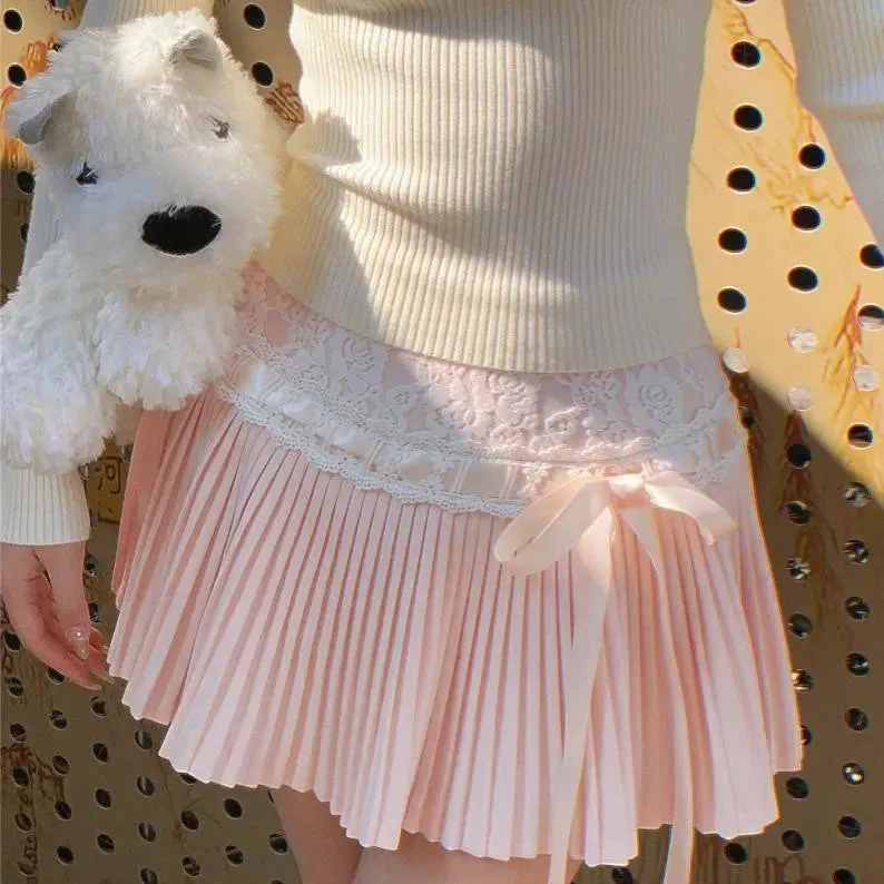 Pleated Mini Skirt With Bow And Lace Details