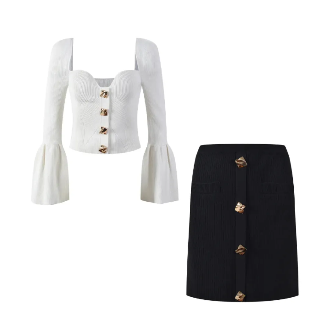 Pre Order:  Flare Long Sleeve Heart Collar White Blouse   Mini Skirt