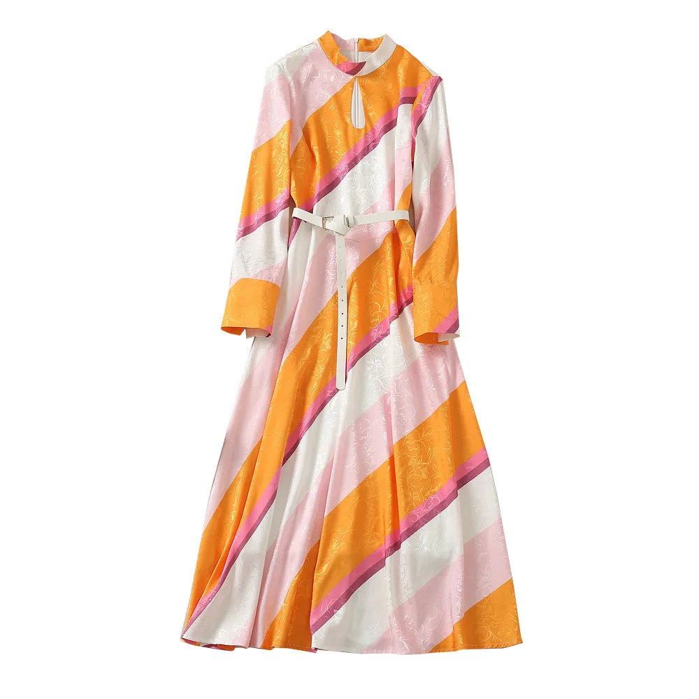Pre Order:  Standing Collar Tie Up Long Sleeved Striped Long Dress