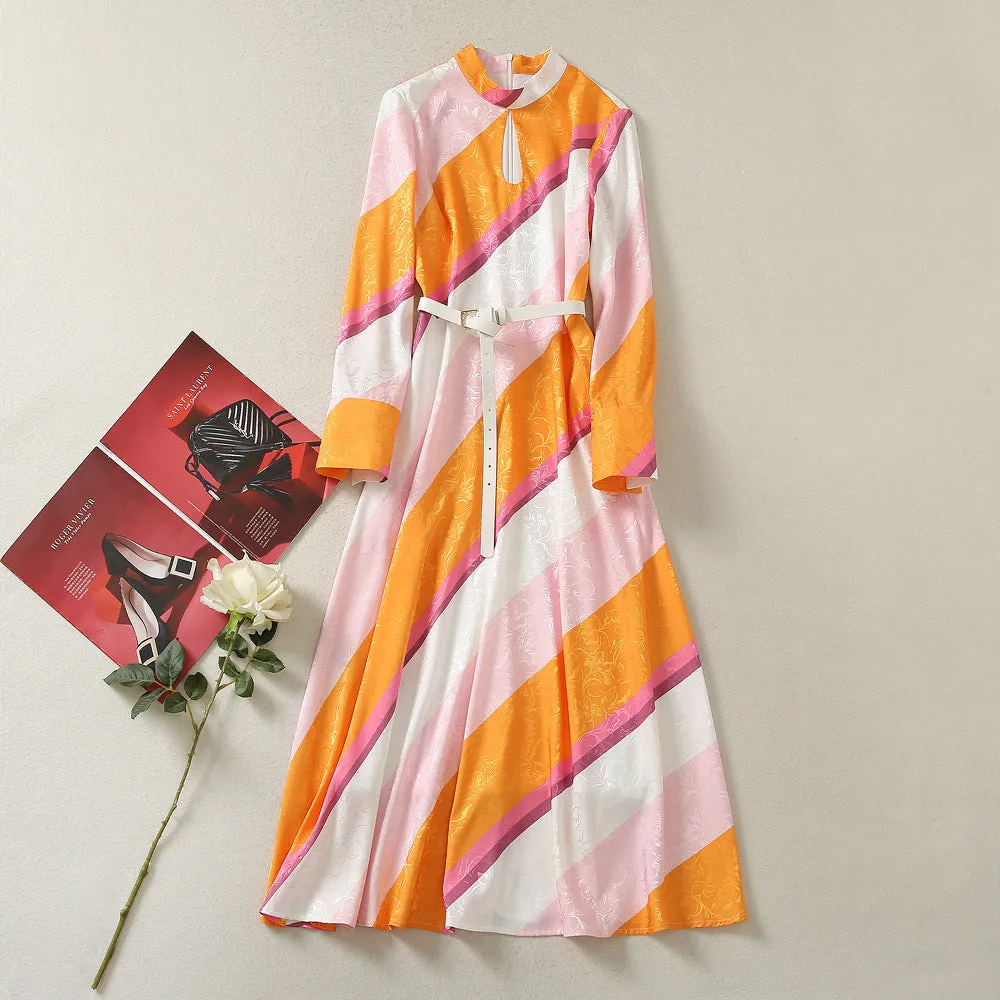 Pre Order:  Standing Collar Tie Up Long Sleeved Striped Long Dress