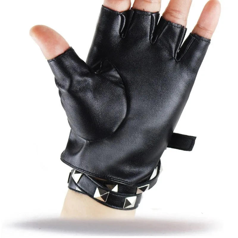 Steampunk Rivets PU Leather Gloves / Rock Style Fingerless Gloves for Women