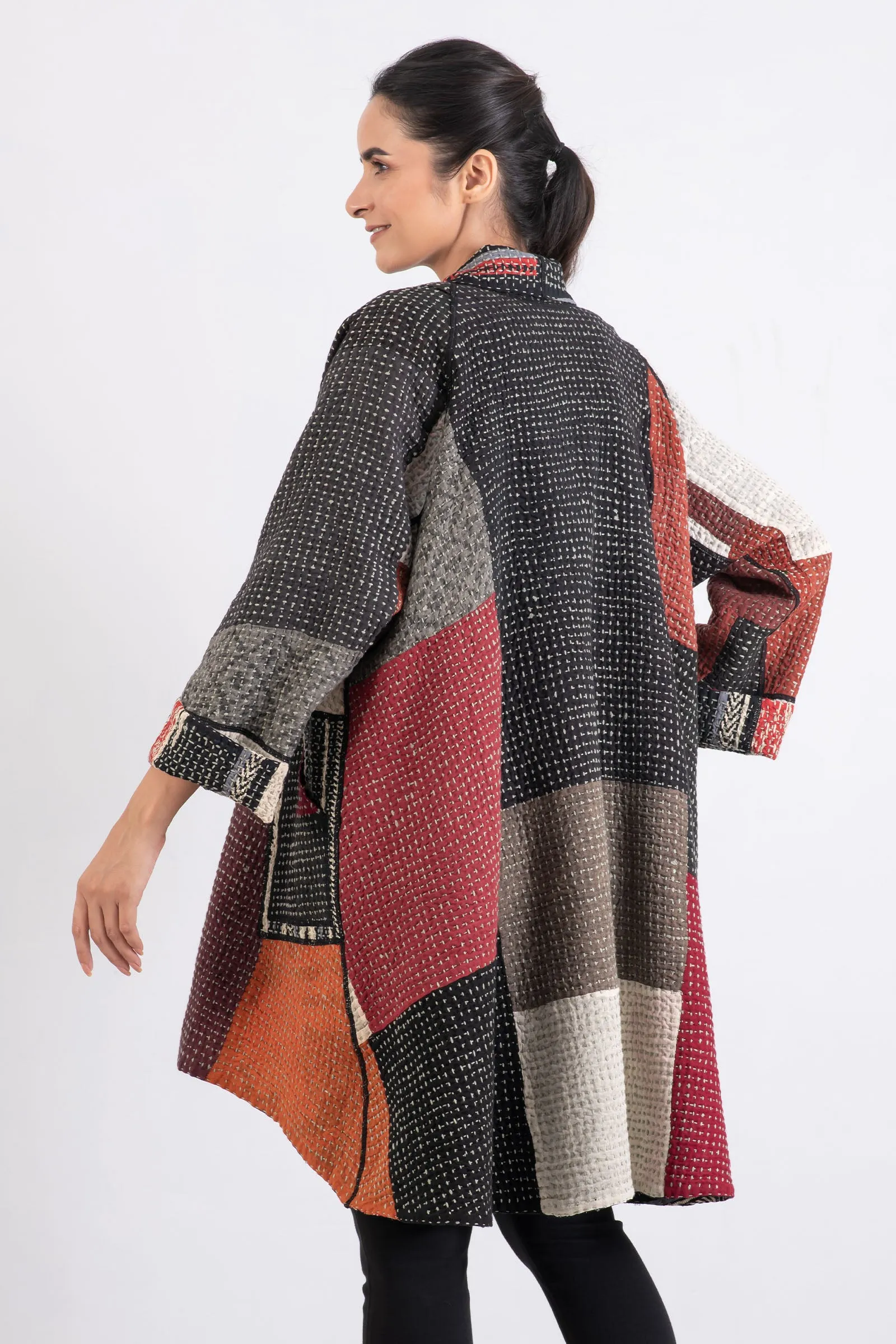 WAFFLE KANTHA MONOTONE IKAT KIMONO LONG JACKET