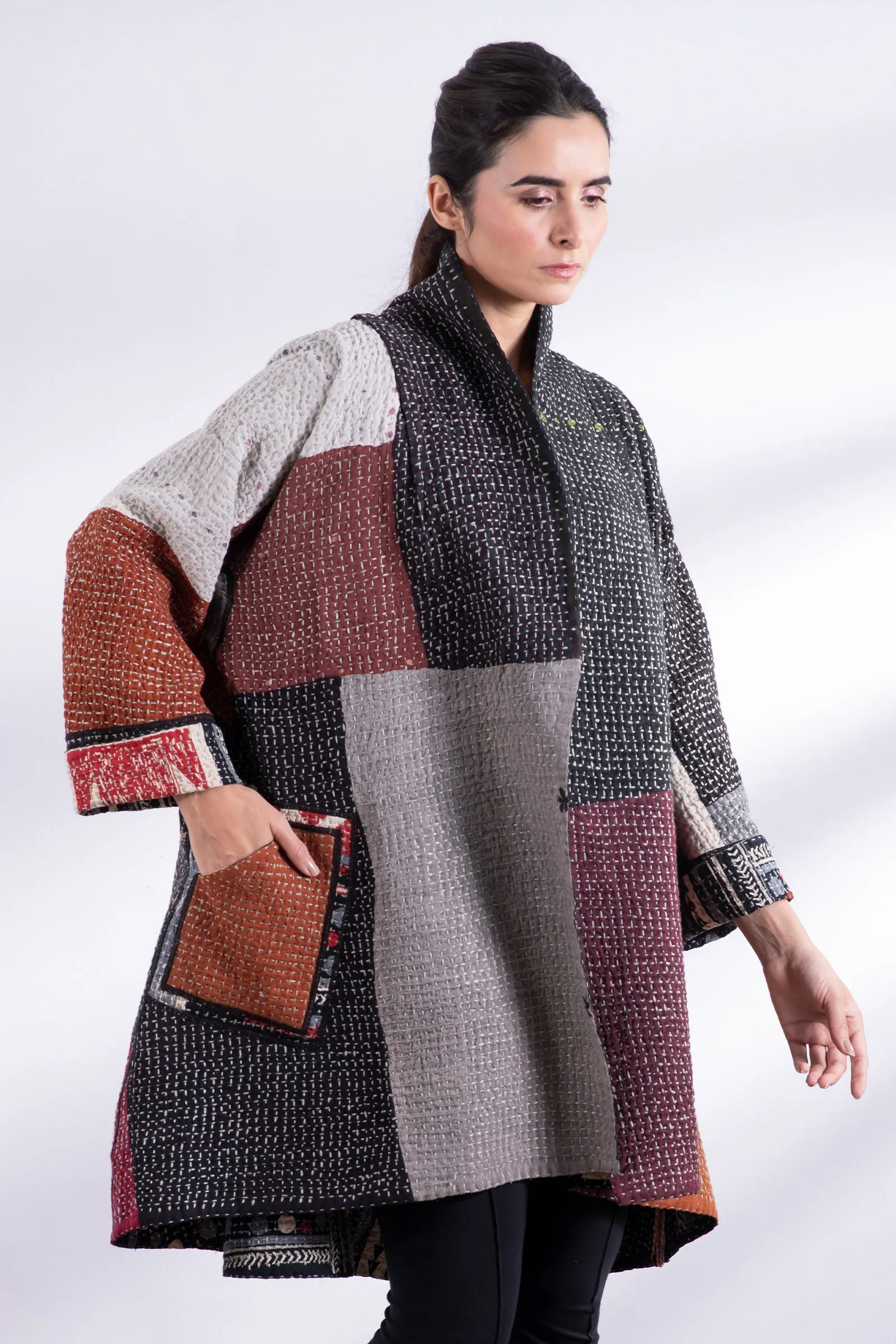 WAFFLE KANTHA MONOTONE IKAT KIMONO LONG JACKET