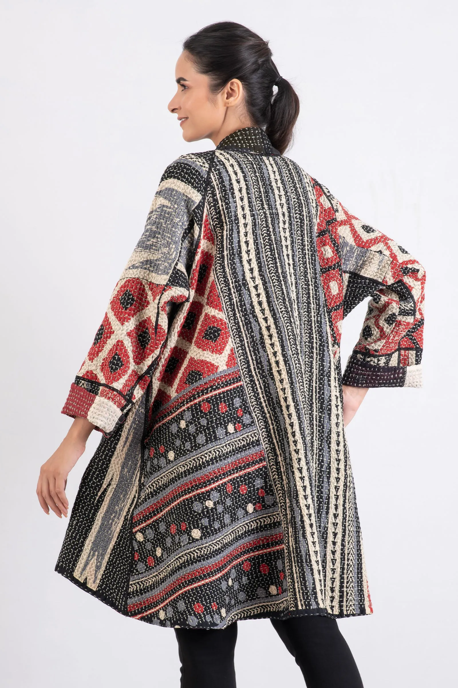WAFFLE KANTHA MONOTONE IKAT KIMONO LONG JACKET