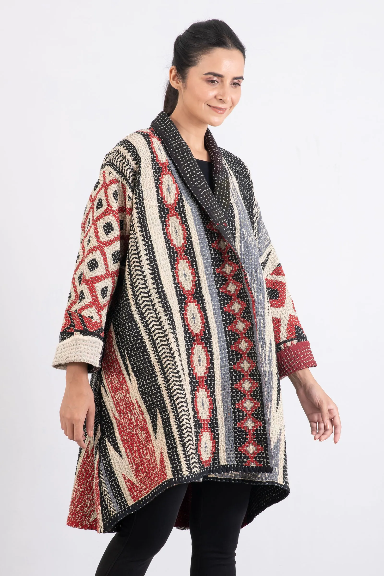 WAFFLE KANTHA MONOTONE IKAT KIMONO LONG JACKET