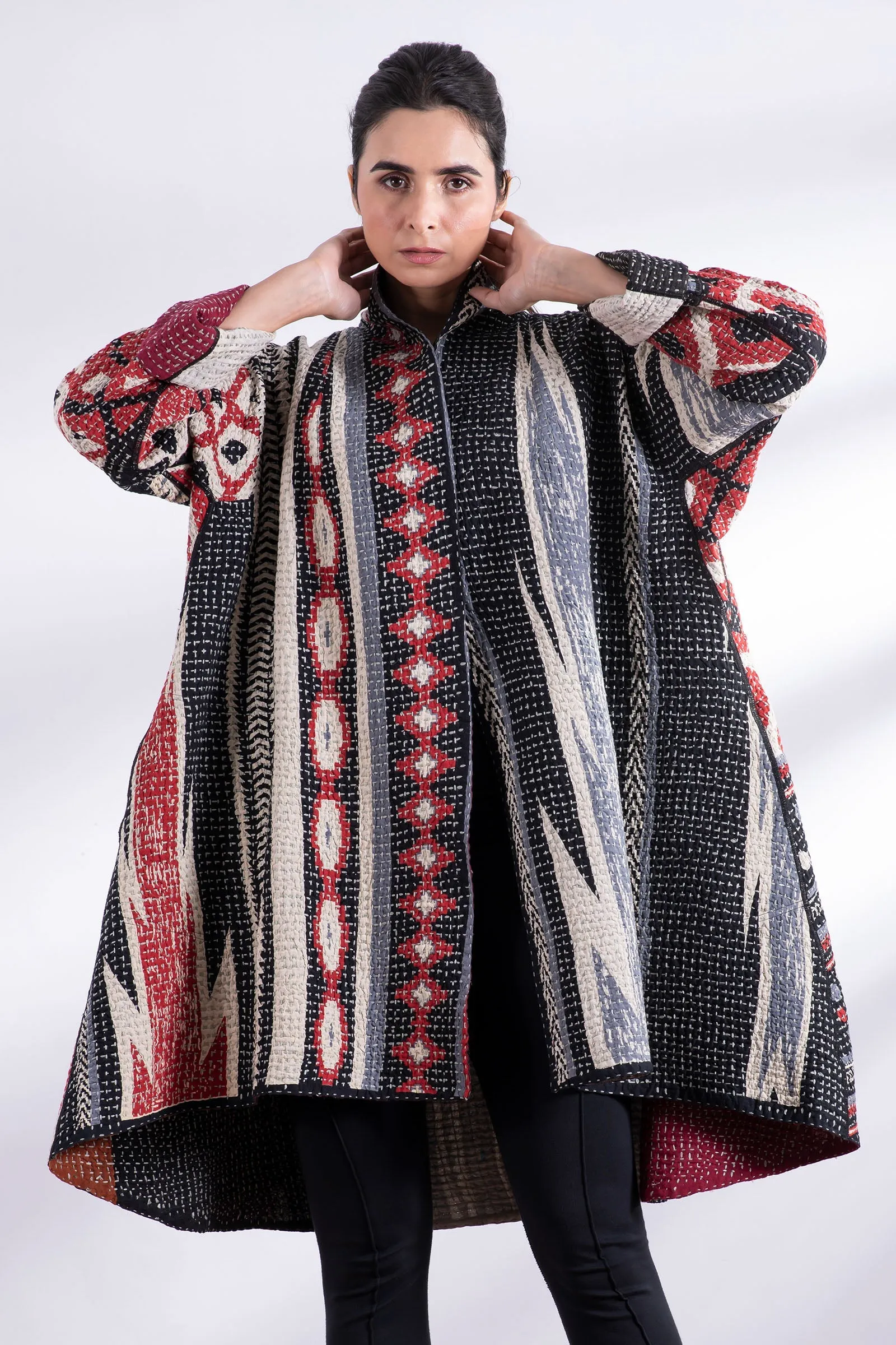 WAFFLE KANTHA MONOTONE IKAT KIMONO LONG JACKET