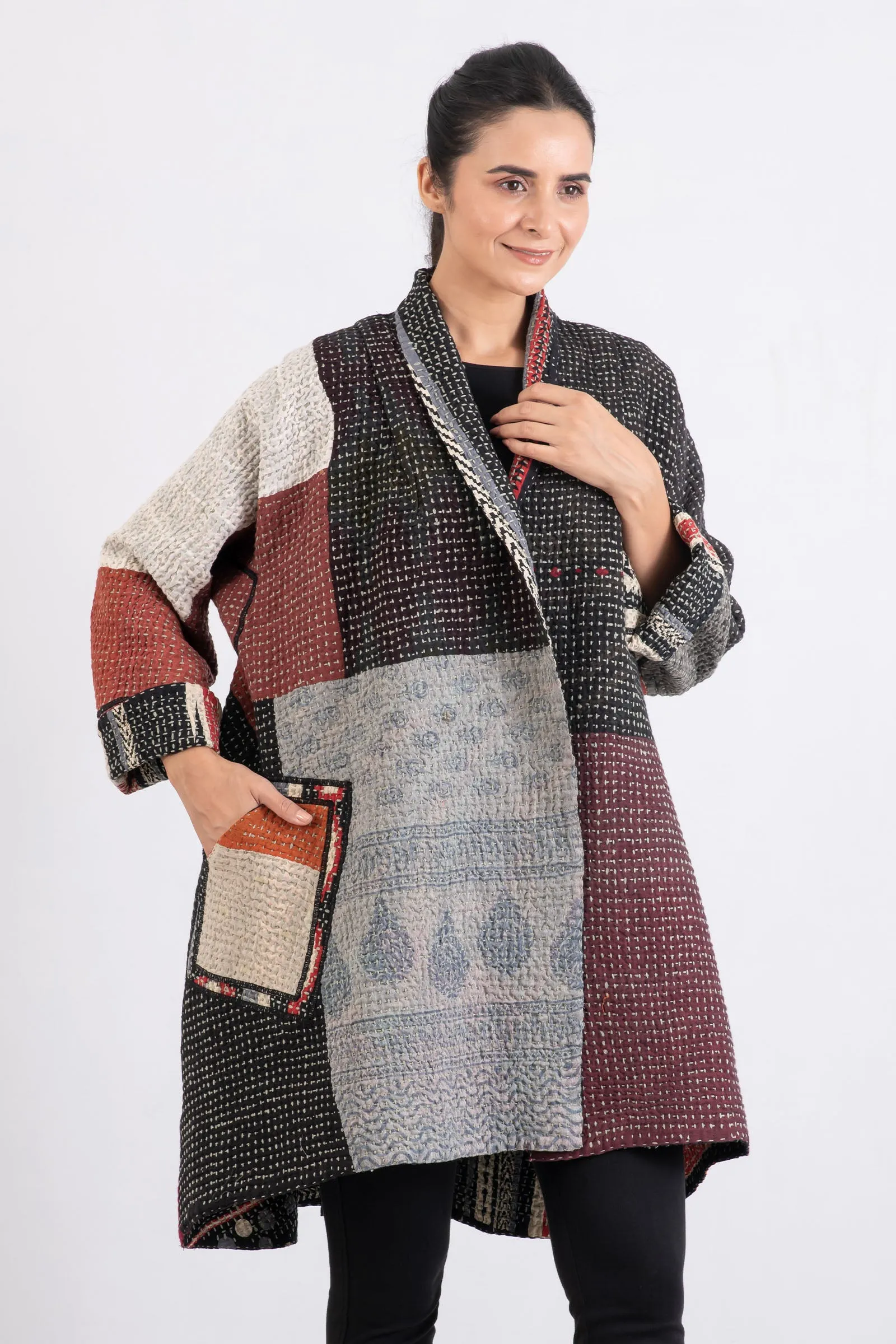 WAFFLE KANTHA MONOTONE IKAT KIMONO LONG JACKET