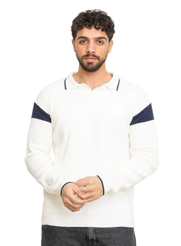 White F-Striped Polo Neck Pullover Design 1