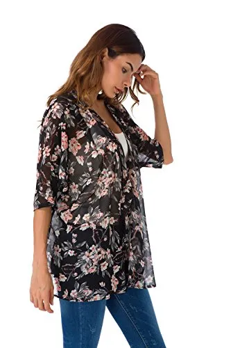 Women's Short Sleeve Beachwear Sheer Chiffon Kimono Cardigan Solid Casual Capes Beach Cover up Blouse (S, Floral 1)