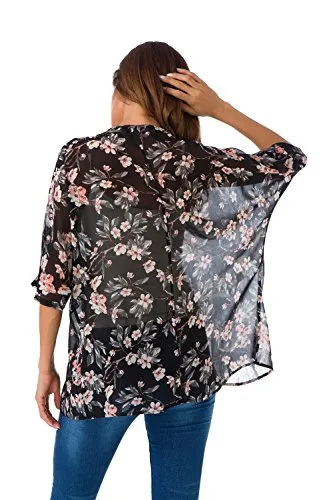 Women's Short Sleeve Beachwear Sheer Chiffon Kimono Cardigan Solid Casual Capes Beach Cover up Blouse (S, Floral 1)