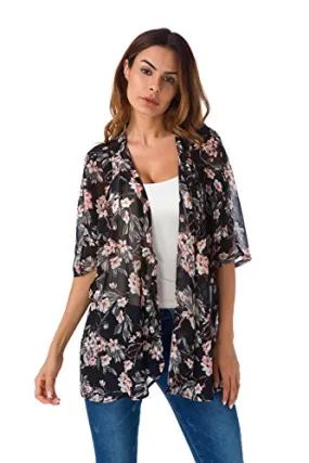 Women's Short Sleeve Beachwear Sheer Chiffon Kimono Cardigan Solid Casual Capes Beach Cover up Blouse (S, Floral 1)
