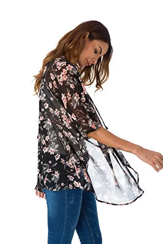 Women's Short Sleeve Beachwear Sheer Chiffon Kimono Cardigan Solid Casual Capes Beach Cover up Blouse (S, Floral 1)