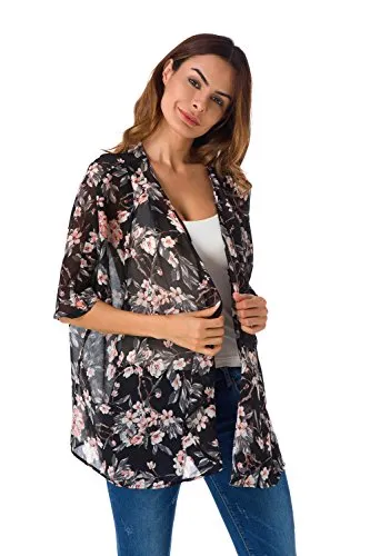 Women's Short Sleeve Beachwear Sheer Chiffon Kimono Cardigan Solid Casual Capes Beach Cover up Blouse (S, Floral 1)