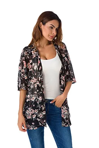 Women's Short Sleeve Beachwear Sheer Chiffon Kimono Cardigan Solid Casual Capes Beach Cover up Blouse (S, Floral 1)